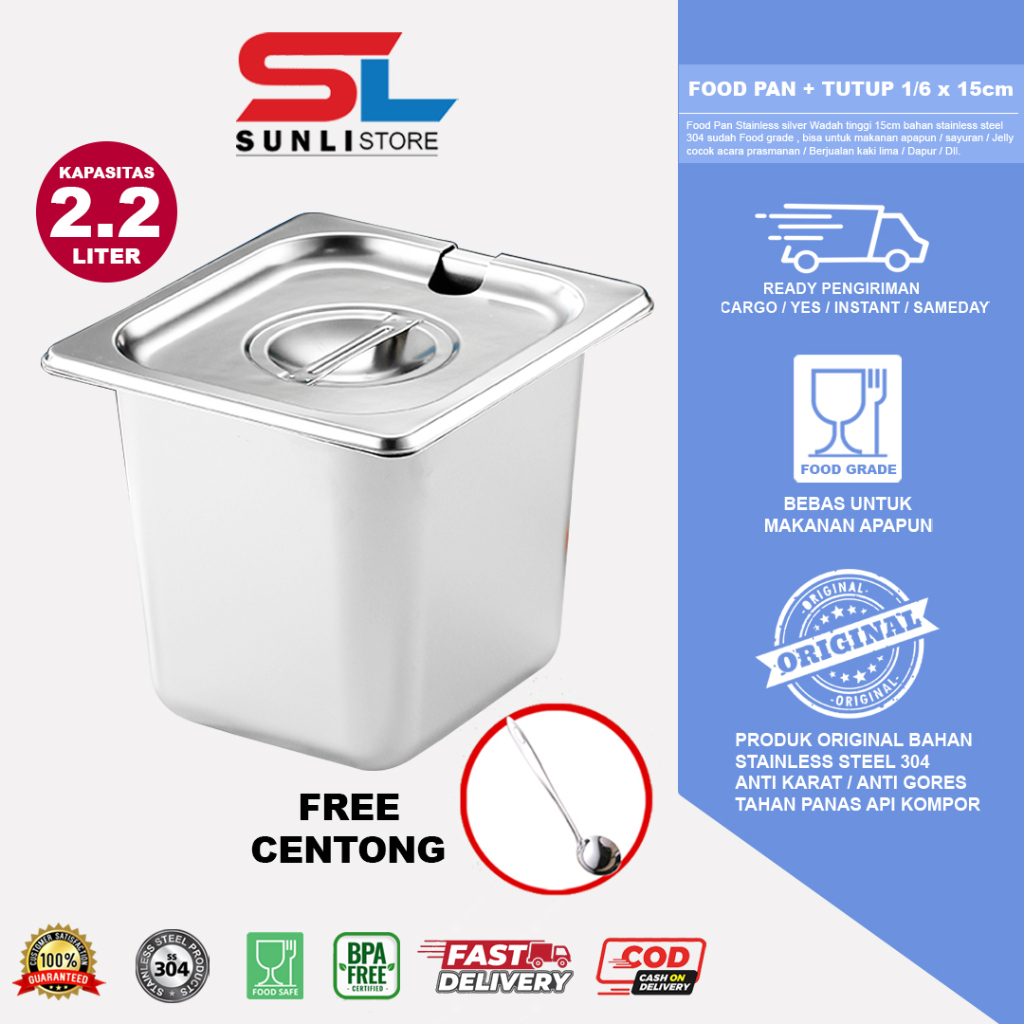 SUNLI - Food pan satu set 1/6 x 15cm + TUTUP / food pan stainless Ukuran 1/6  / Tempat makanan stain
