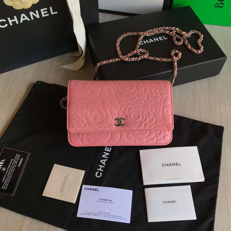 Chanel Camellia Pink Lambskin Wallet on Chain WOC SHW #16