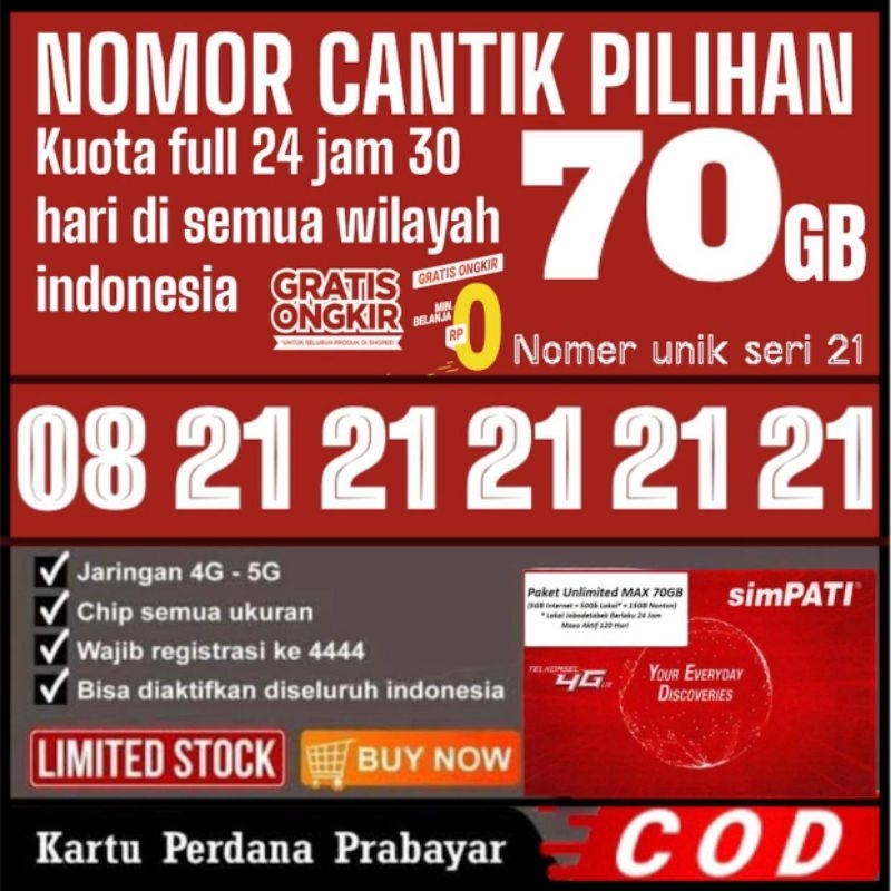 KARTU PERDANA NOMOR TELKOMSEL CANTIK, NOMOR simPATI CANTIK, Unlimited MAX 70 GB Kouta Full 24 jam 30 Hari. Support Jaringan 3G 4G 5G ✓ Bisa di aktifasi di seluruh wilayah Indonesia.