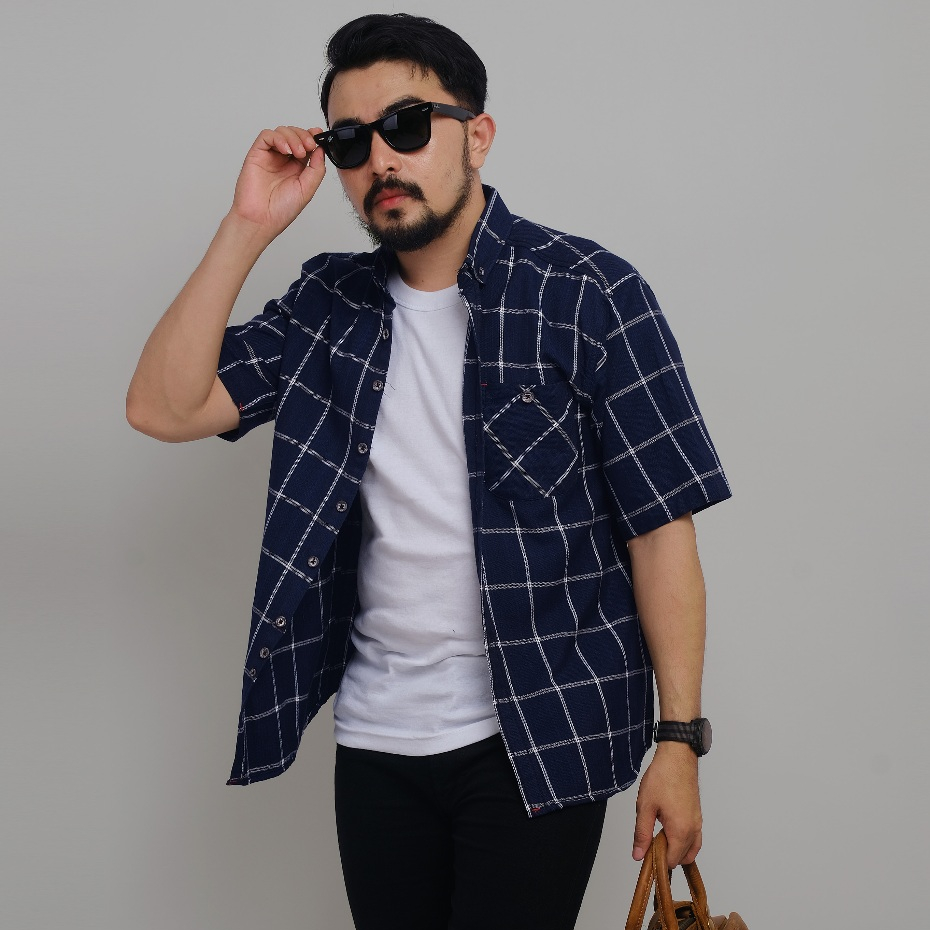 DGM Kemeja Pria Flanel Pendek Premium Biru Dongker List Putih 2208