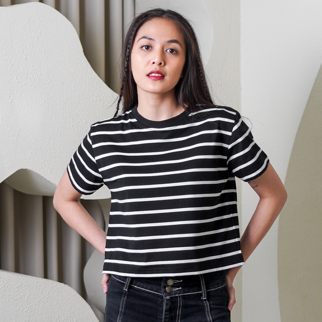 MATSUDA Hazel Kaos Crop top Katun Wanita Stripe