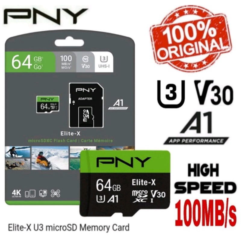 microSD 64GB XC U3 V30 PNY Elite-x 100Mb/s 100% Original