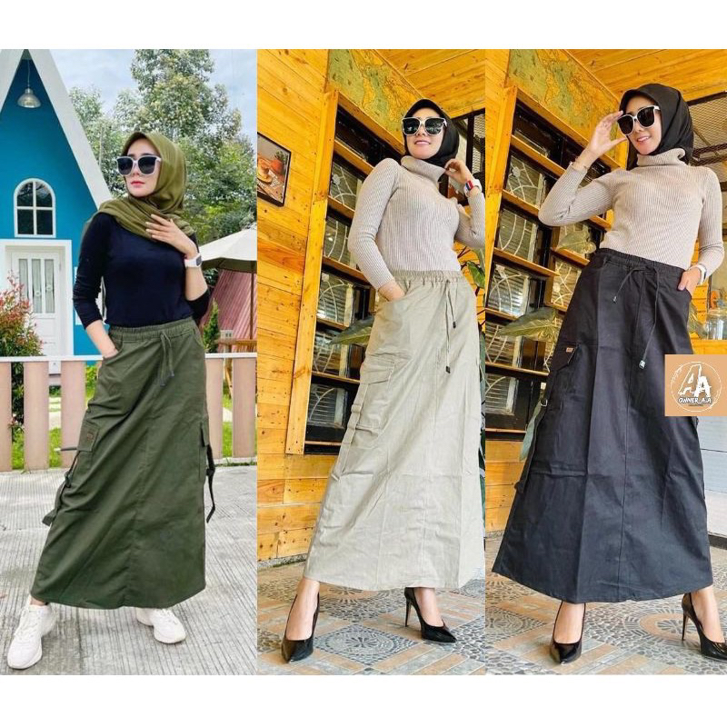 Rok Panjang Cargo Wanita . Rok Cargo Twill Premium All Size . Rok Panjang Twill Wanita