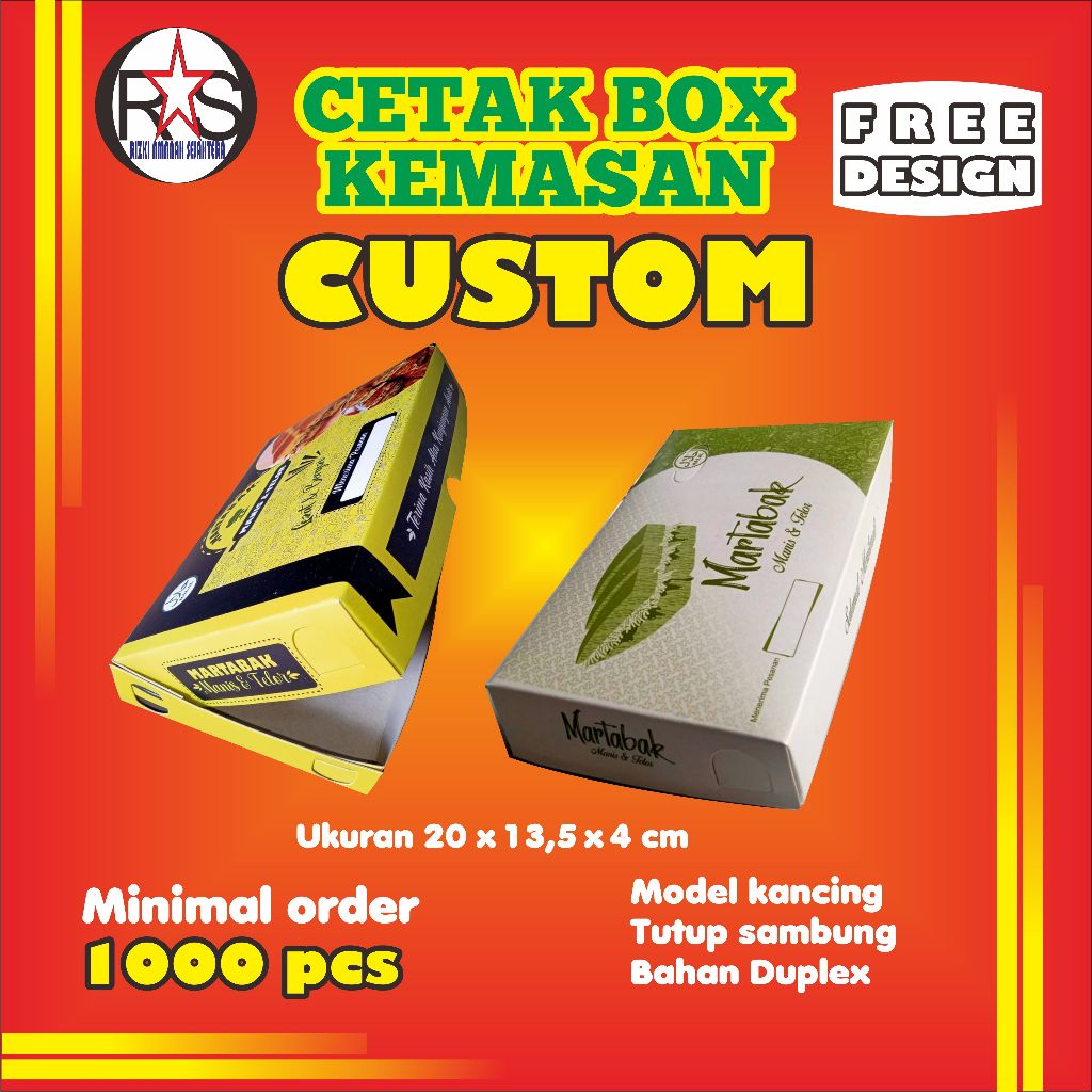 

Cetak Dus / Box / Kemasan Martabak harga untuk 1000pcs/lbr (Desain sesuai keinginanmu)Custom Design+duplek+350gsm