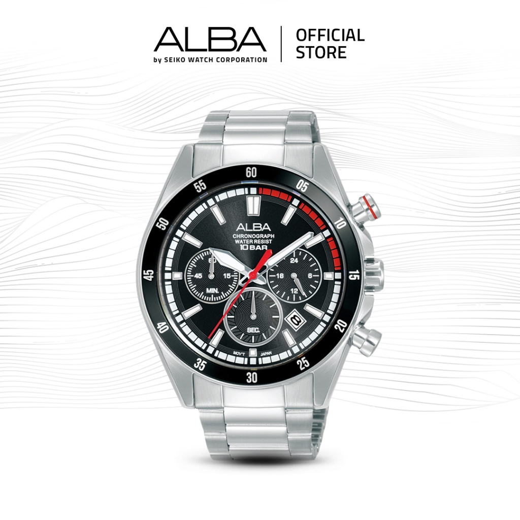 Alba Active Jam Tangan Pria Chronograph AT3J29 / AT3J29X1 Quartz Black Dial Stainless Steel Strap Wa
