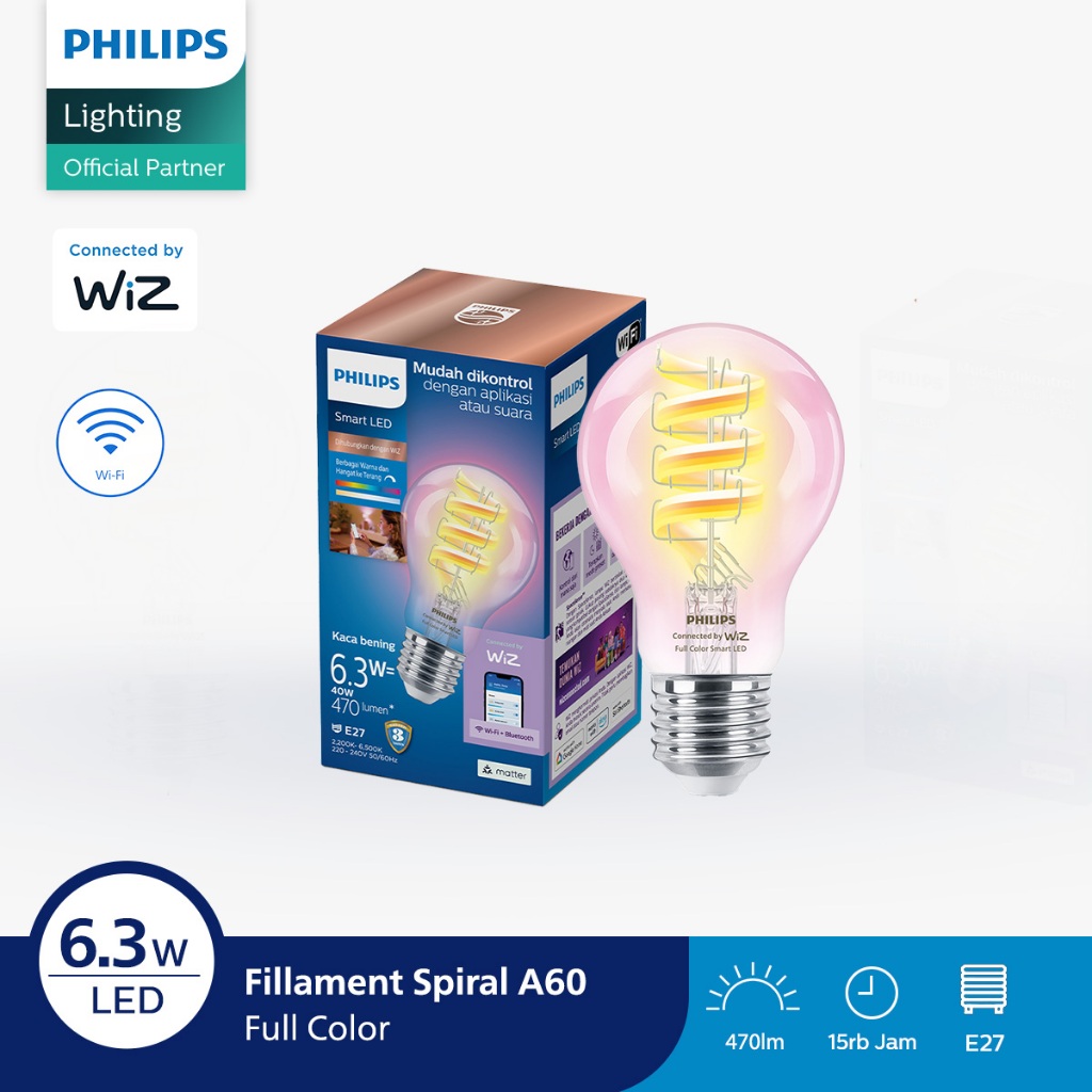 Philips Lampu Smart Wifi LED Filamen Spiral 6.3W A60 RGB
