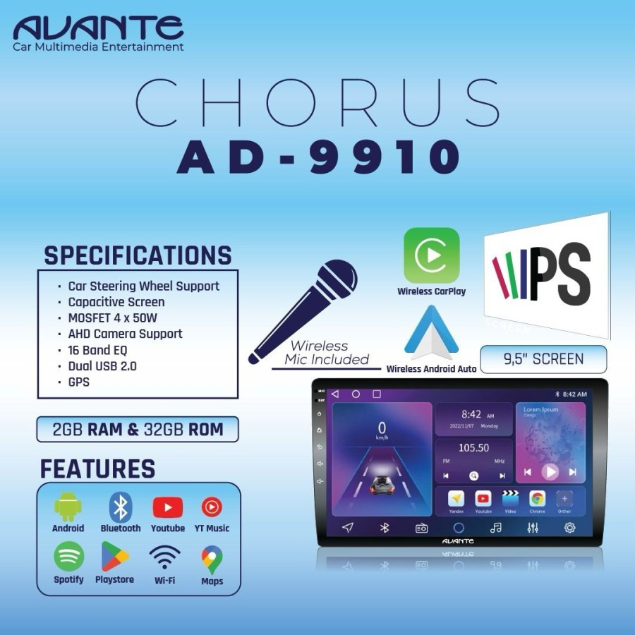 Head Unit Android Avante AD-9910 Chorus 9 inch RAM 2 ROM 32 KARAOKE