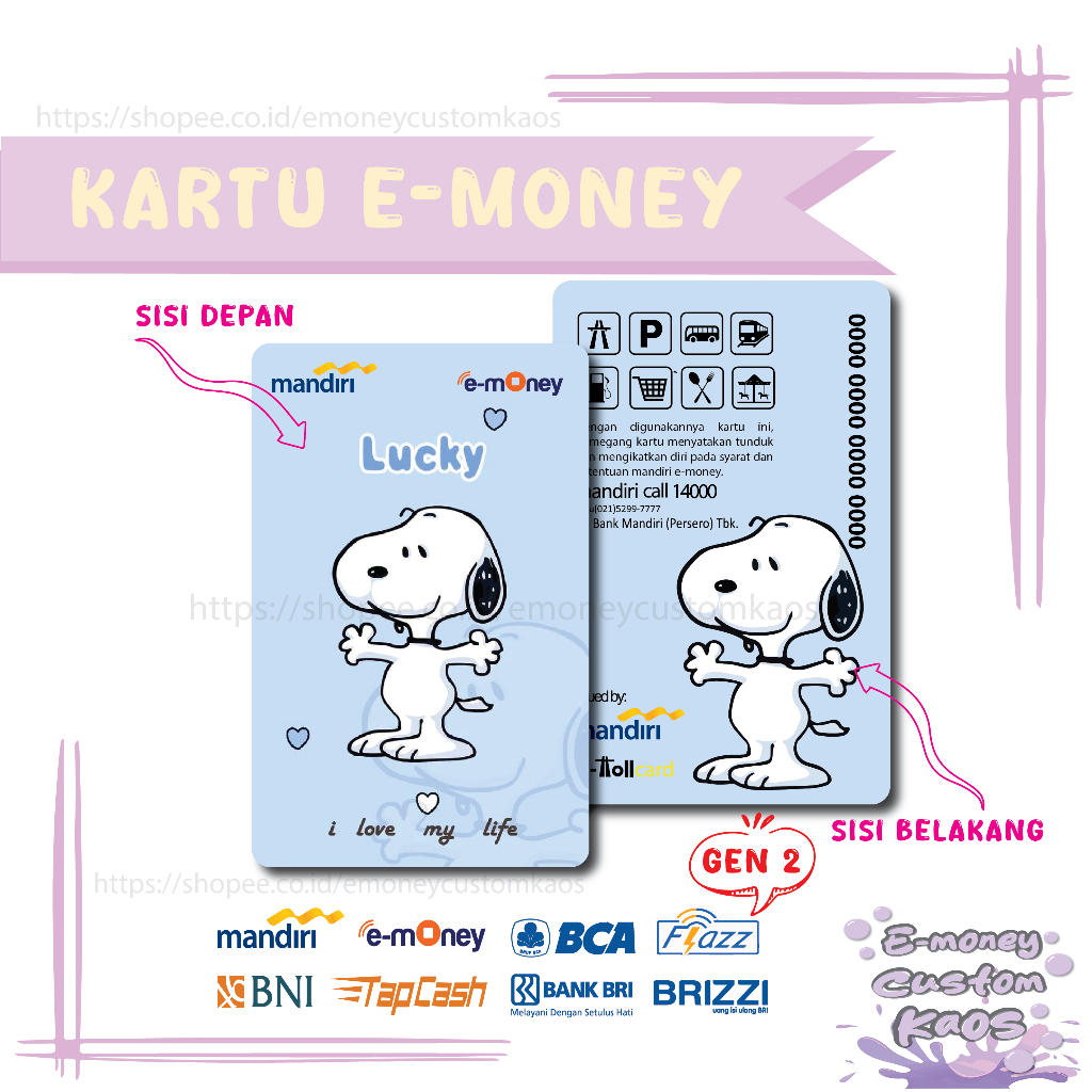 KARTU EMONEY ANIME SNOOPY PUPPY MANDIRI FLAZZ BCA GEN 2 BNI TAPCASH BRIZZI BRI - 2 SISI