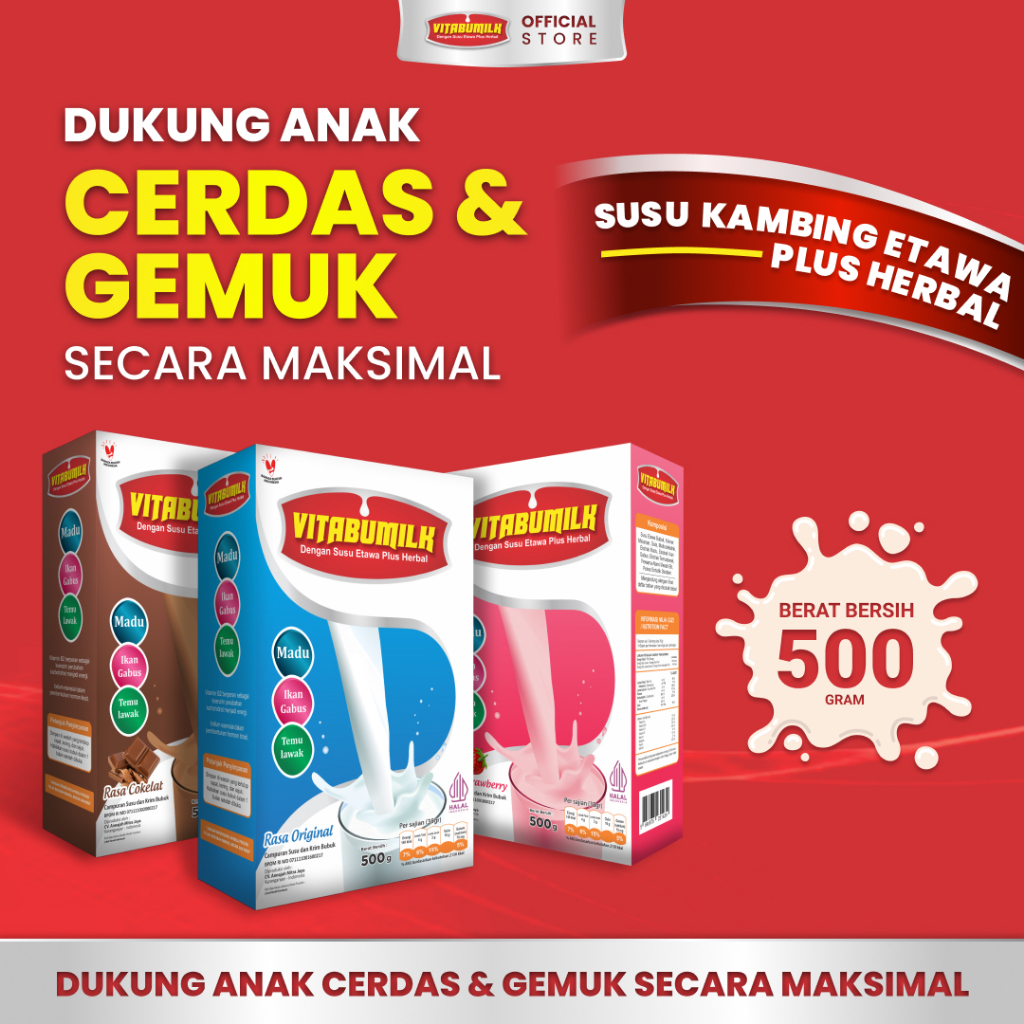 

VITABUMILK 500gr - Susu Kambing Etawa Plus Herbal Penambah Berat Badan Nafsu Makan Tinggi Badan & Kecerdasan - 1 Box