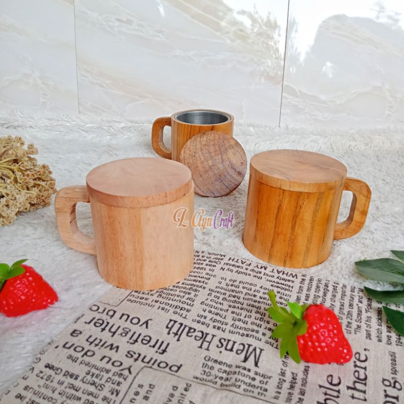 L-AYUCRAFT Cangkir mug + tutup stainless kayu