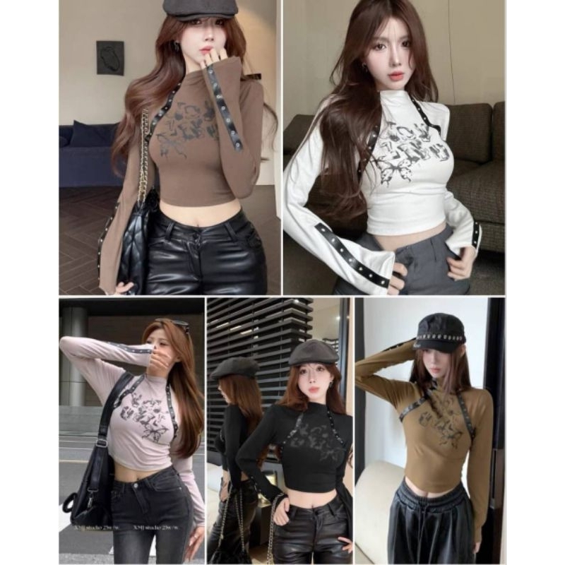 06745 Atasan Blouse Kaos Wanita Model Crop Premium/Blouse Crop Abstrak Variasi Leher Tanpa Kerah Len
