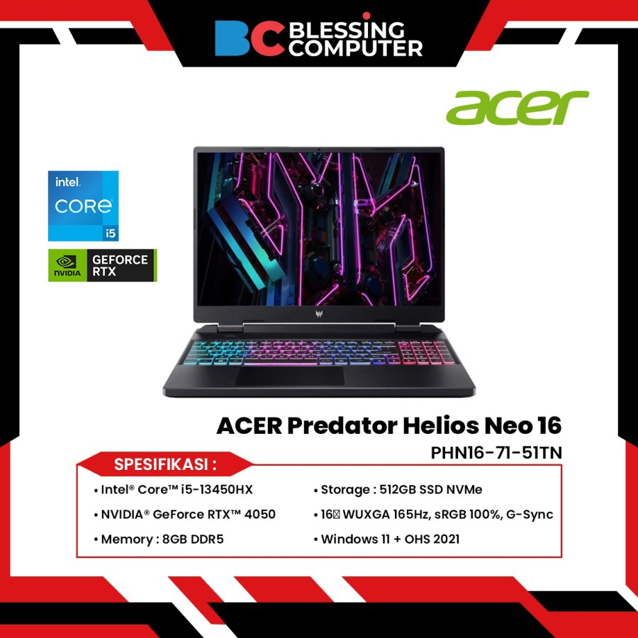 ACER Predator Helios Neo 16 PHN16-71-51TN Core i5 13450HX 8GB 512GB 4050 W11 OHS NH.QLTSN.005 Obsidian Black Backpack Predator