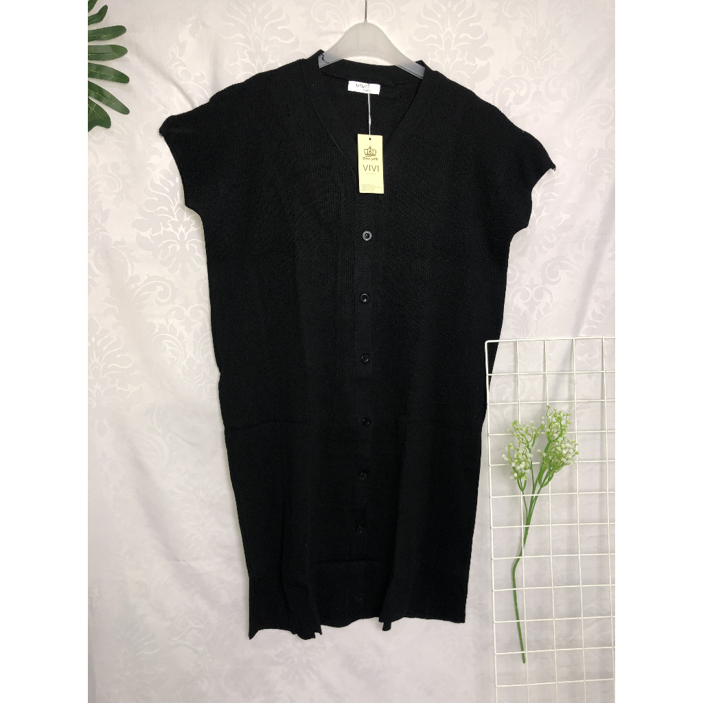Dress Rajut Wanita Kancing Hitam Polos Tanpa Lengan Import Bangkok Vivi Tanpa Lengan