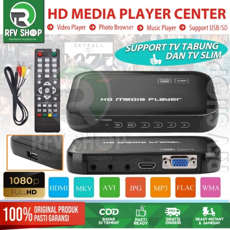 HDMI Media Player Full HD 1080P Pemutar video, Musik, Foto HDMI RCA VGA support TV tabung