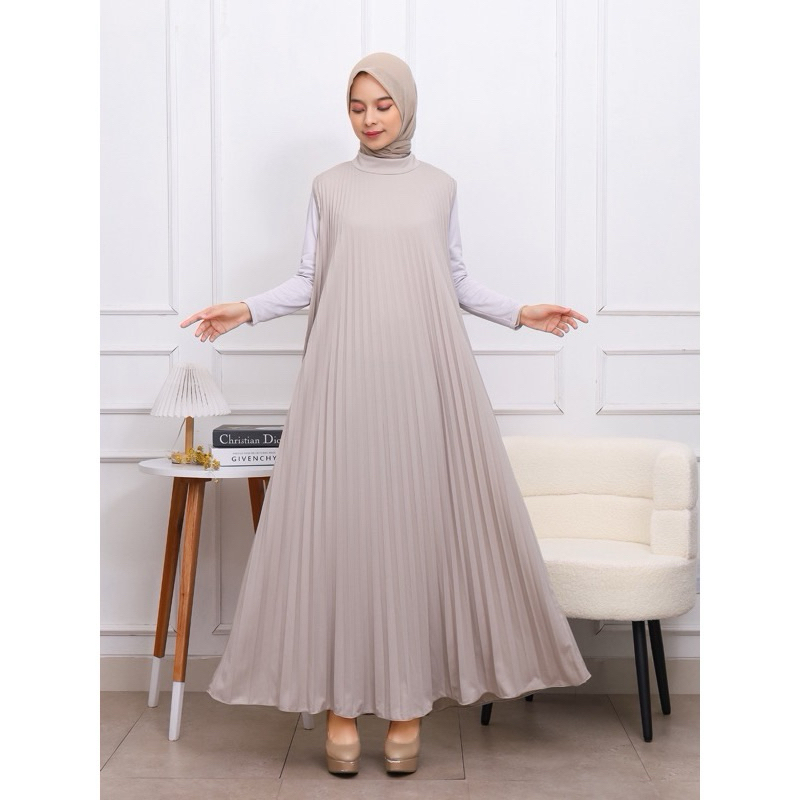 Gamis Plisket Panjang ( 135cm ) / Pleats Dress Payung / Inner Dress Plisket Maxy Clasik  / Inner Tan