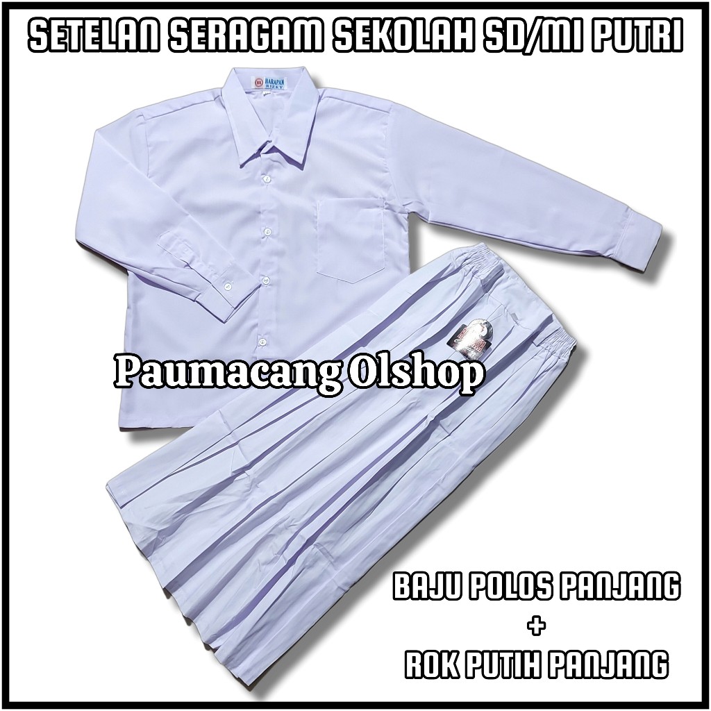 Setelan Seragam Sekolah MI Putih-Putih Polos Anak Perempuan Baju Putih Polos Lengan Panjang Rok Puti