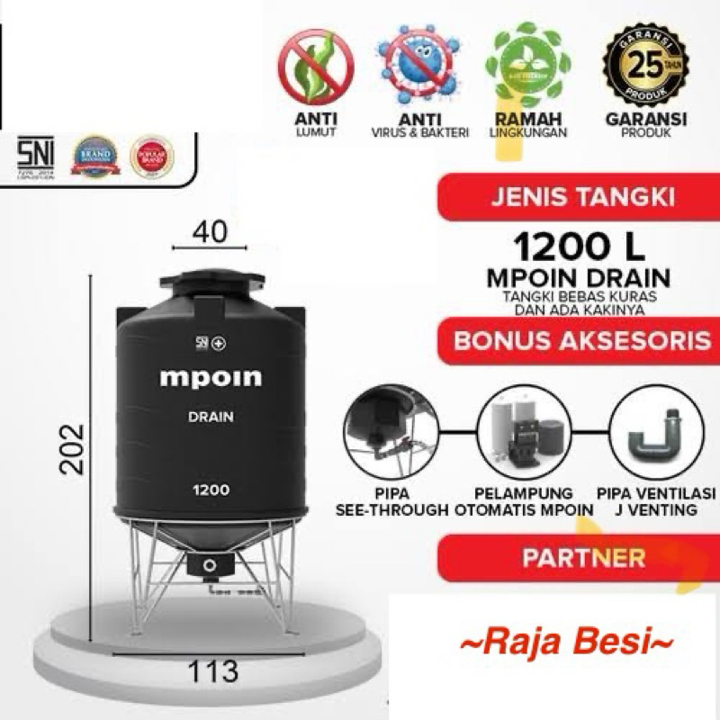 Tangki Air Ada Kaki Bebas Kuras Mpoin Drain 1200 liter Tandon Air Super Anti Pecah Anti lumut Anti P