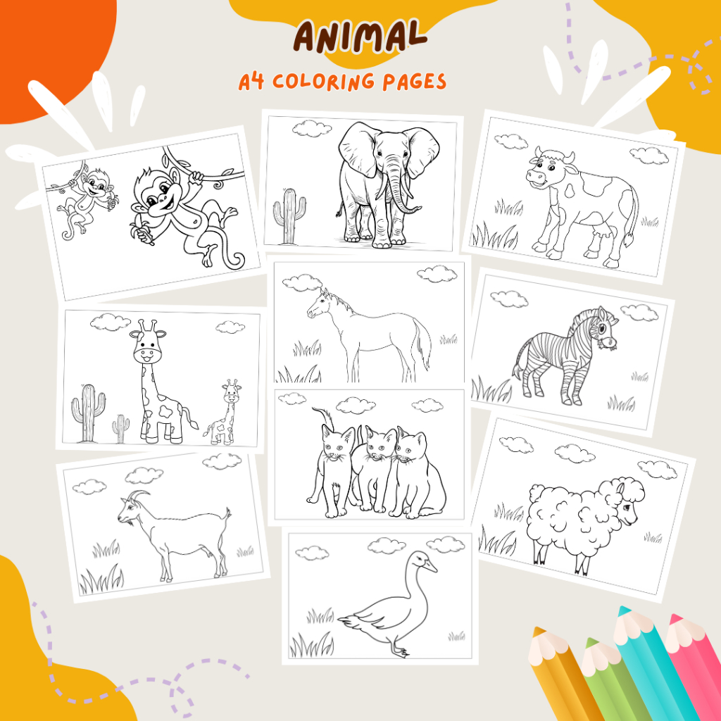 

LEMBAR MEWARNAI A4 COLORING PAGES - TEMA HEWAN @10 LEMBAR KERTAS MEWARNAI UNTUK ANAK PAUD, TK, SD, MONTESORI LATIH IMAJINASI KREATIVITAS ANAK