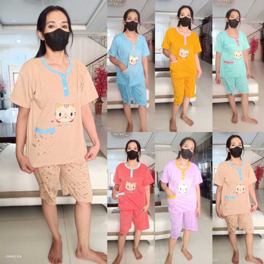 baju tidur wanita dewasa  polos bordir Set 3/4 Kaos Standart  Bahan serian muda BB MAX 70KG