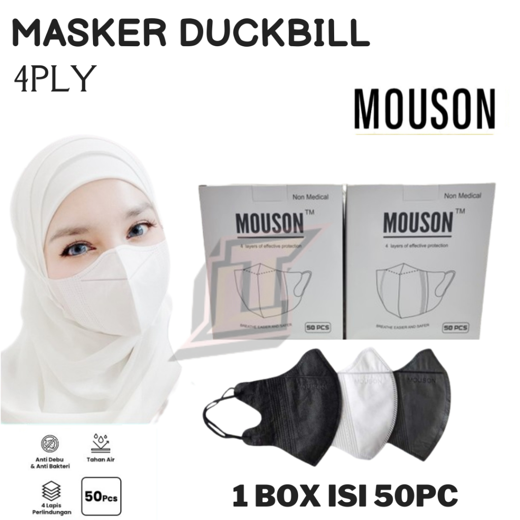 Masker Duckbill Mouson 4Ply 1 Box isi 50Pcs Duckbill Mouson Putih Hitam Duckbill 4Ply
