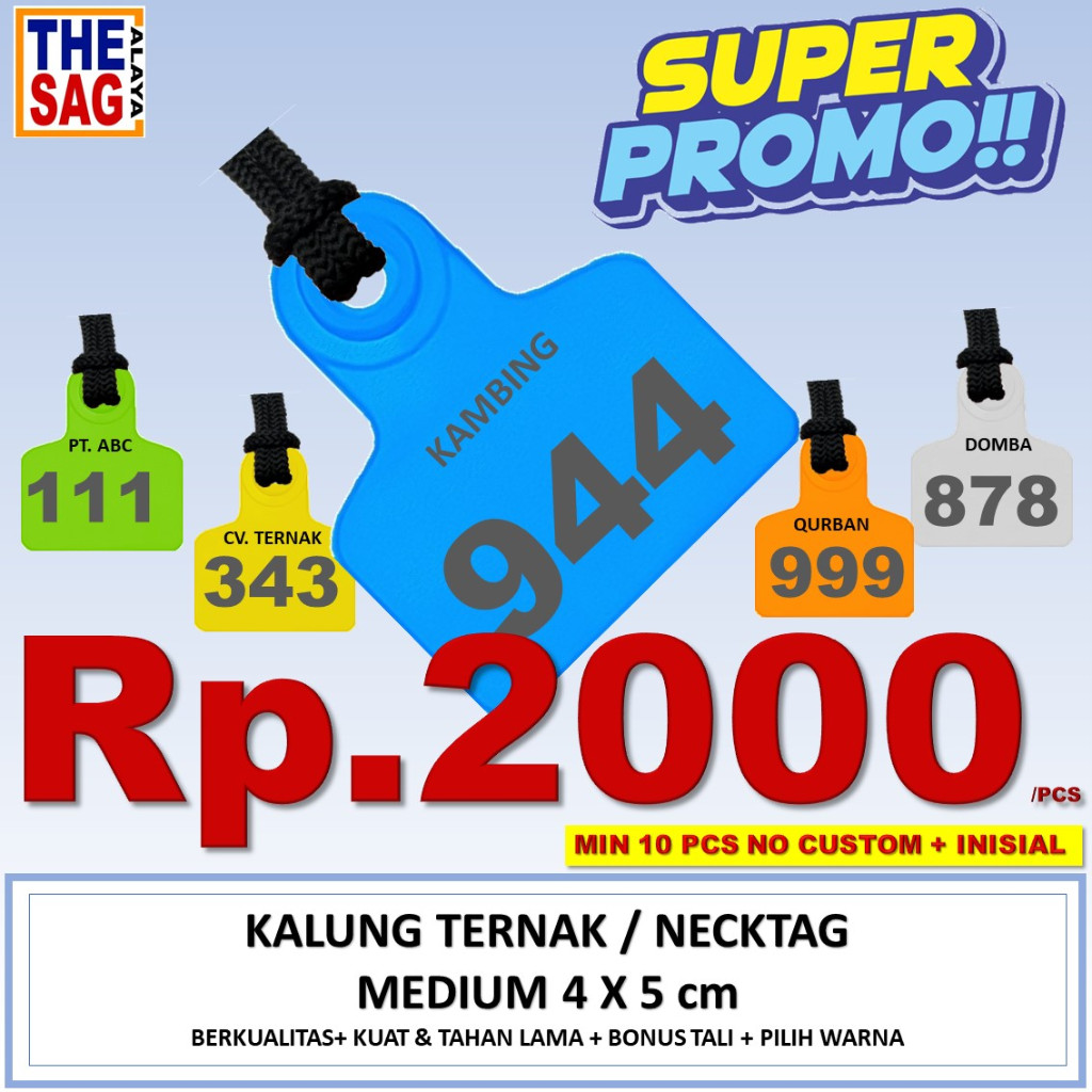 Sa1 NECKTAG 4X5cm CUSTOM NO + INISIAL (PAKET 10 PCS) NECK TAG KALUNG TERNAK kambing domba babi sapi