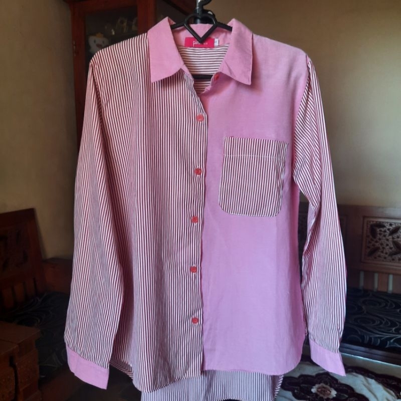 PRELOVED | Kemeja Garis Motif Salur Brand Pink By JJ Original Atasan Wanita Formal