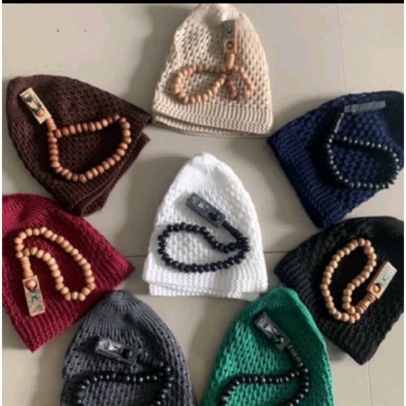 (Paket) Peci lobe dewasa polos dengan tasbih kayu souvenir haji