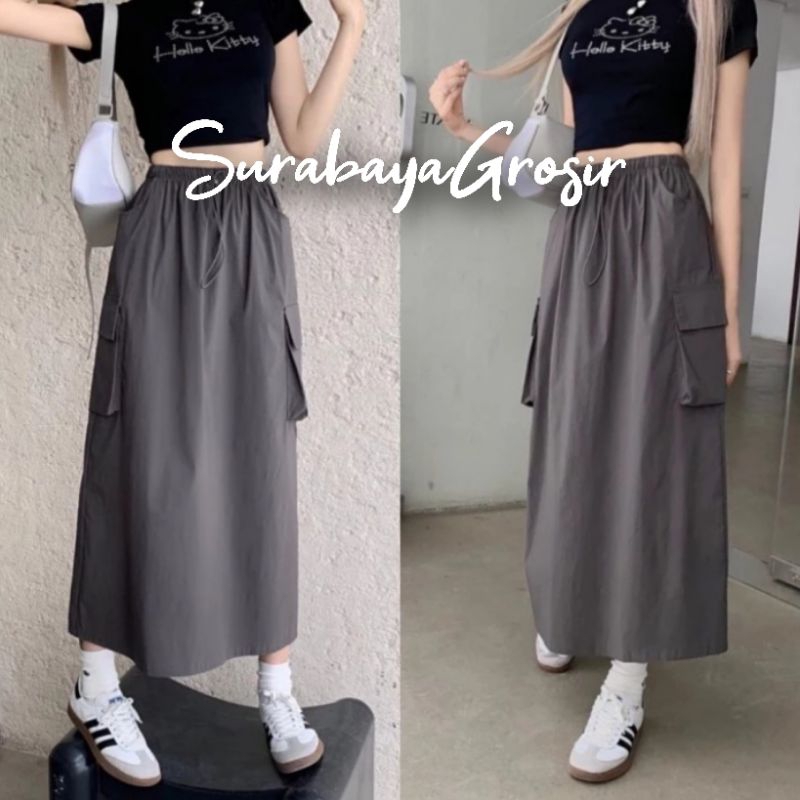 Rok Cargo Wanita Panjang Model A Bahan Katun Premium Pinggang Full Karet // Rok Wanita Panjang