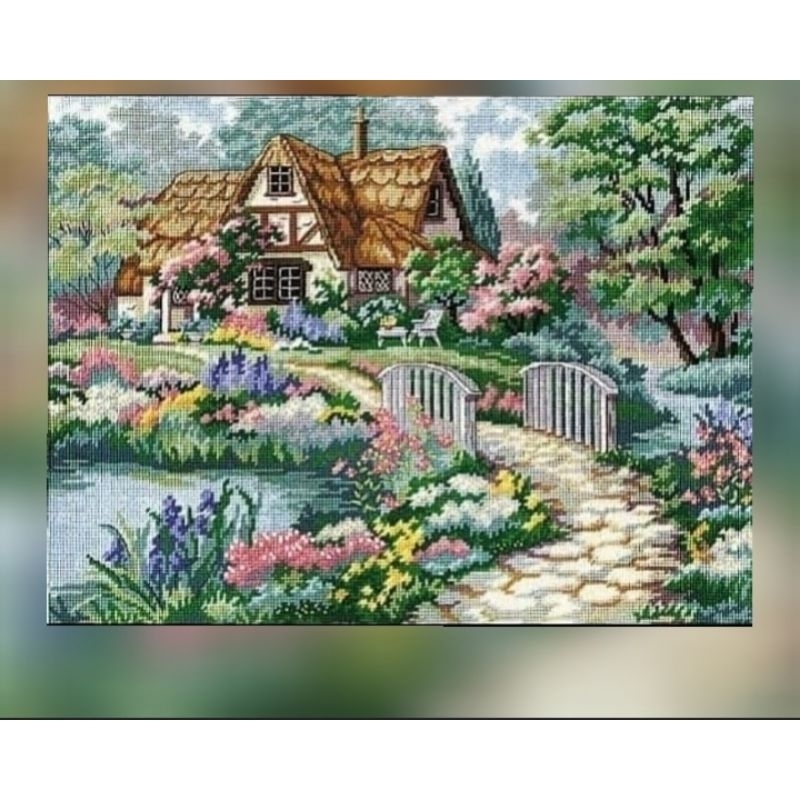DIY Paket kristik pemandangan desa pola kain rumah pegunungan pedesaan valley river beck cross stitc