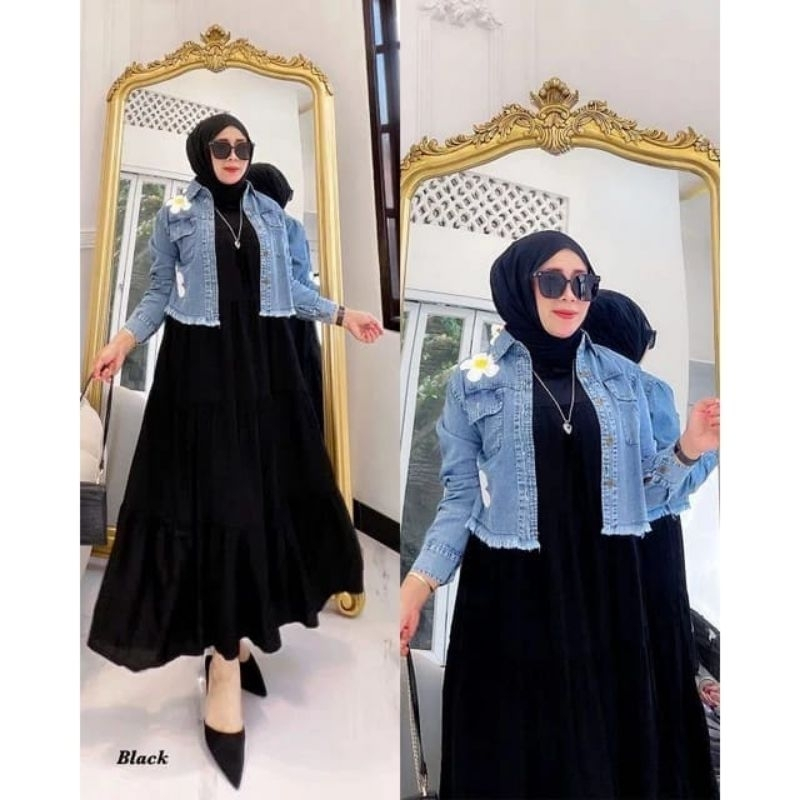 Demian Set 1 setel Jaket Jeans + Iner Dress Wanita Model Gaya Kekinian