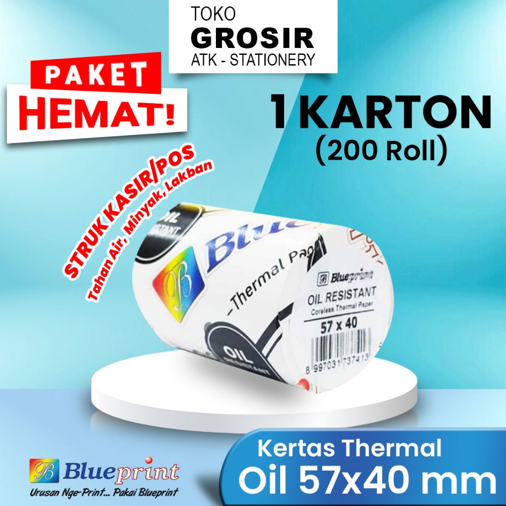 

PROMO HEMAT 57x40 Oil Roll Kertas Struk TAHAN LAKBAN BLUEPRINT Thermal Oil 57x40 mm 200 Roll Paket Hemat