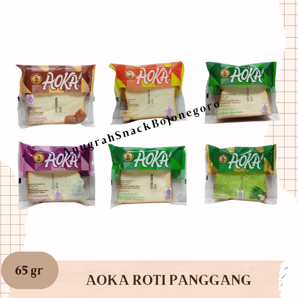 

Aoka Roti Panggang 65gr (Cokelat / Keju / Blueberry / Susu Vanilla / Stroberi / Kelapa Pandan / Mangga / Soft Panda Keju)