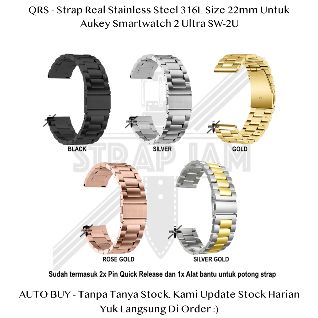 QRS 22mm Strap Aukey Smartwatch 2 Ultra SW-2U - Tali Jam Tangan Stainless Steel Metal