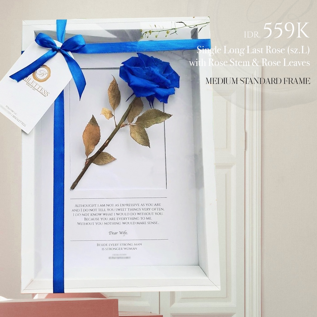 MEDIUM STANDARD FRAME Single Preserved Rose (L) + Stem & Rose Leaves | Bunga Mawar Asli Kering Prese