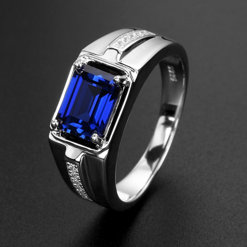 Cincin Permata Biru Safir Imitasi - Blue Signet Synthetic Rhinestones Simple Ring / Aksesoris Pria W
