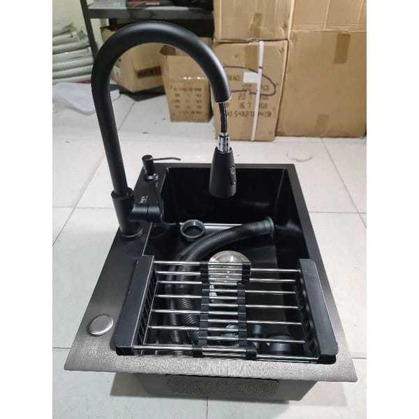 Paket Lengkap Kitchen Sink Black Kran Tarik Hitam Sink Stainless Kitchen Sink sink cuci piring hitam