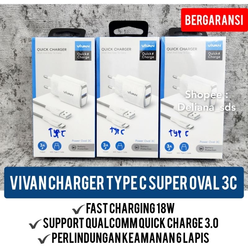 Charger Type C Vivan Power Oval 3C Fast Charging 18W Bergaransi Charger Vivan Type C Power Oval 3C C