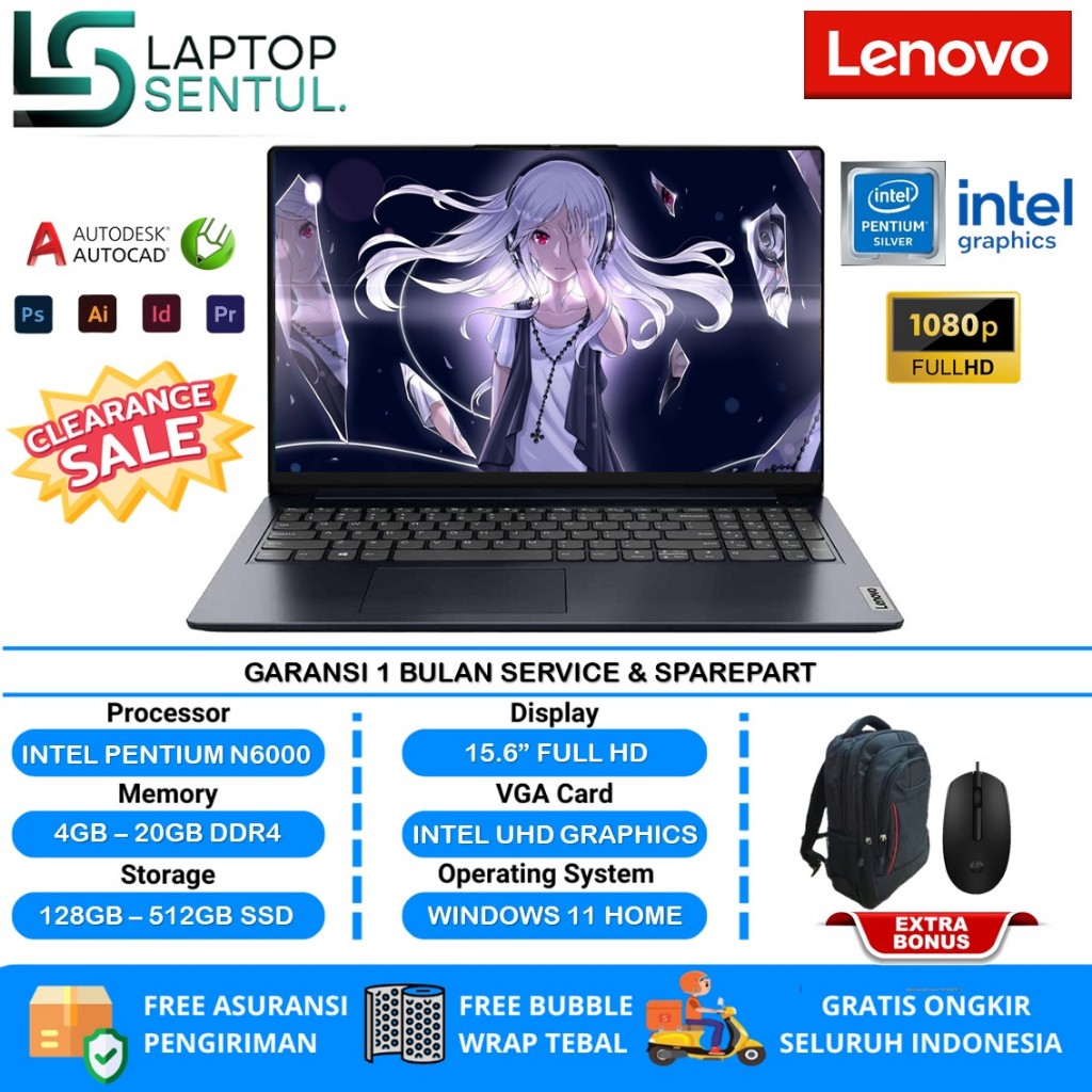 Laptop Lenovo Ideapad Slim 1 15 Intel Pentium N6000 Ram 20GB 512GB Ssd FHD 15 Inch Windows 11