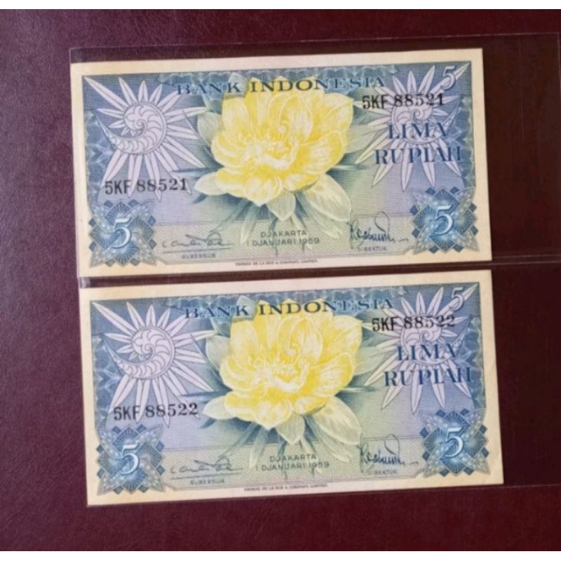 5 rupiah uang kertas seri bunga tahun 1959 asli