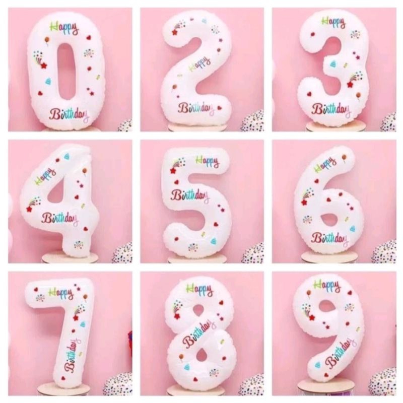 Balon angka jumbo putih motif balon angka ulang tahun balon angka happy birthday jumbo 80cm balon fo