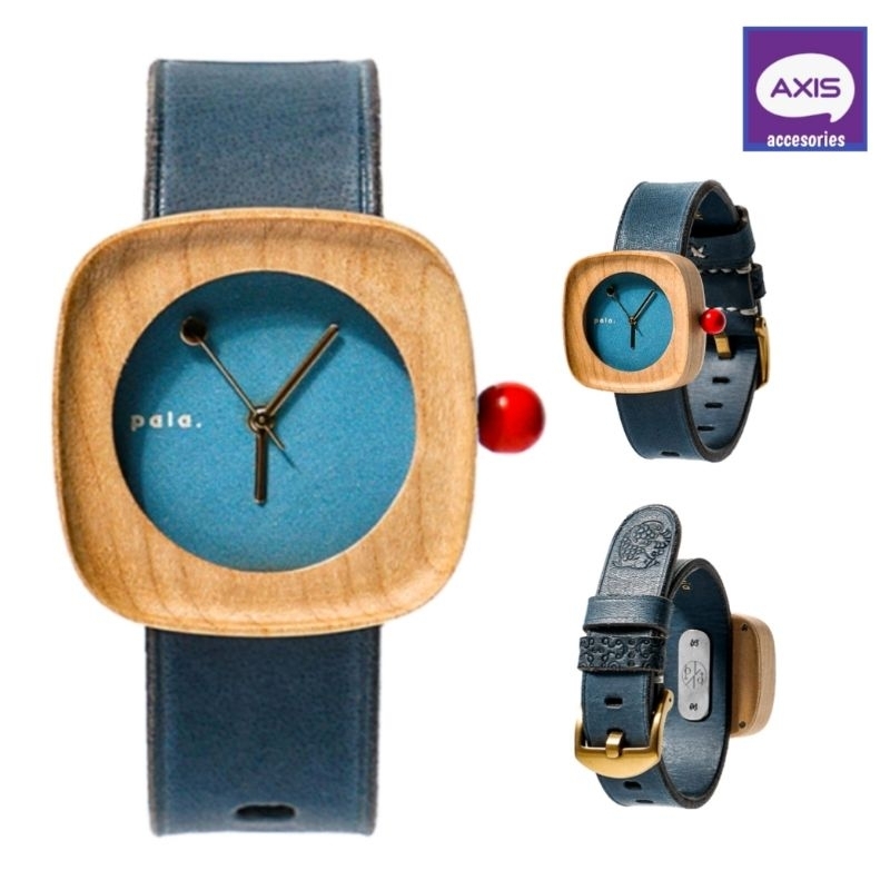 Axis accesories - Jam tangan kayu tali kulit casual analog pria wanita unisex blue JT1H