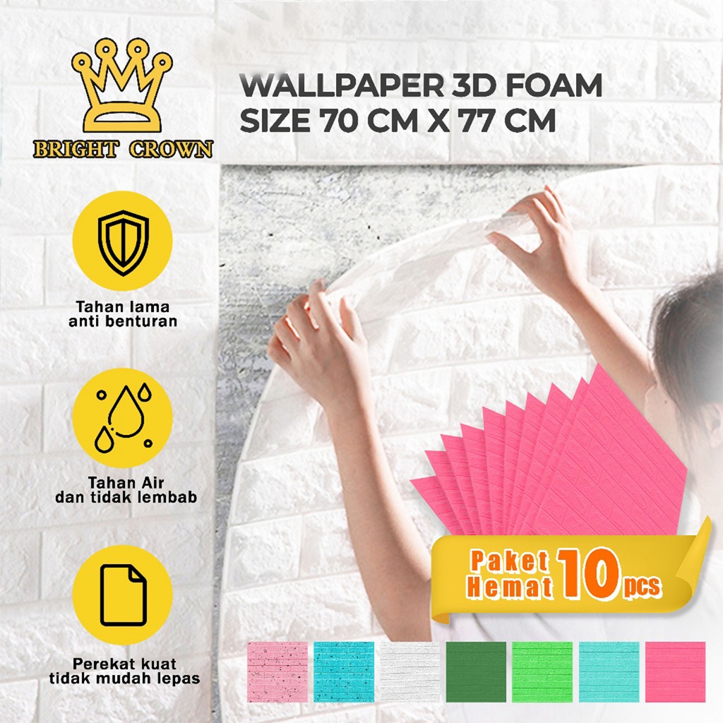 Bright Crown CUCI GUDANG 10pcs Wallpaper 3D Foam Dinding Sticker 70X77cm 3D Foam Stiker Wallpaper Batu Bata 6mm