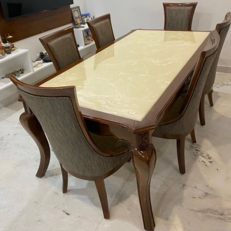 Meja Makan kayu Jati Garengan Top Marmer Cream