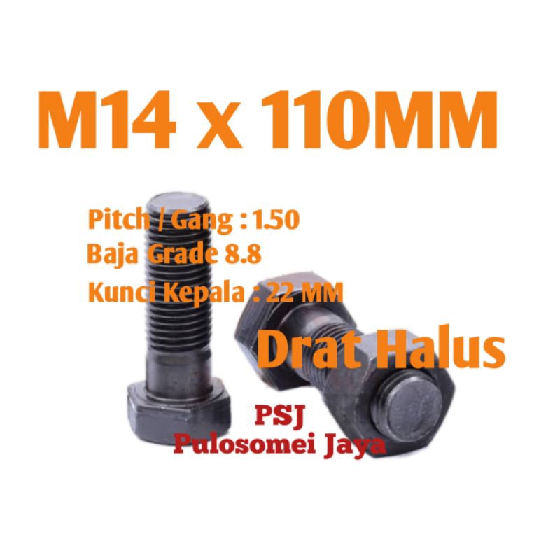 Baut Mur Baja 8.8 Drat Halus M14 x 110 MM / Baja 8.8 Drat Halus