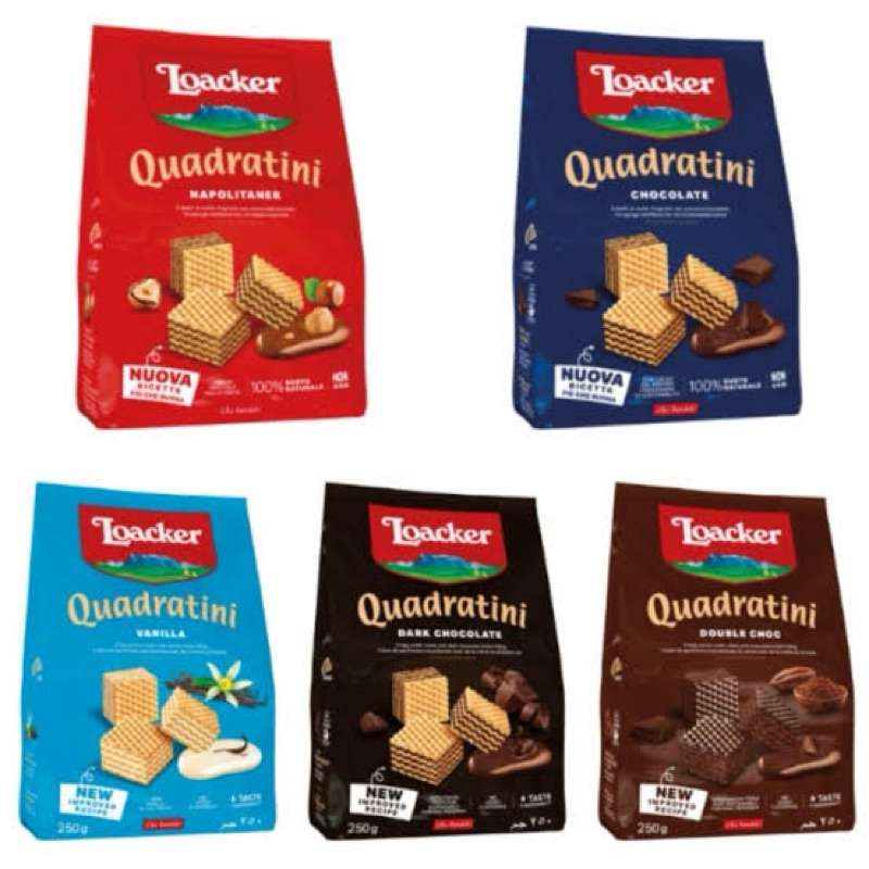 

PROMO!! BISCUIT LOACKER QUADRATINI WAFER 125GR CHOCOLATE, VANILLA, CHEESE, NAPOLITANER