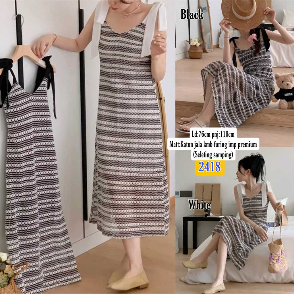 Dress Tali Pundak Pita 2418/ Dres Wanita Lengan Pendek Korea / Dres Korea Kombi Lis Rajut Kekinian