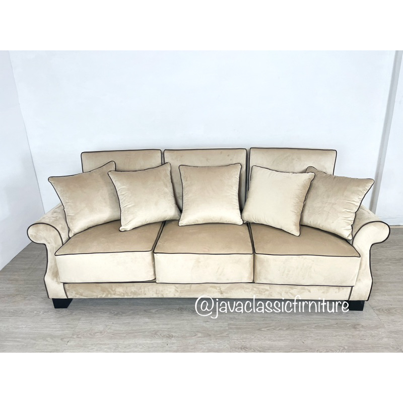 SOFA TAMU SOFA TV SOFA JOK SOFA 3 SEATER MINIMALIS SOPA MEWAH JUMBO RANGKA KAYU JATI BUSA EMPUK KAIN