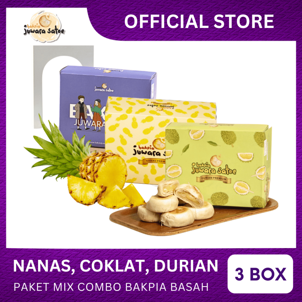 

[ 3 BOX ] PAKET MIX COMBO BAKPIA BASAH (NANAS, COKLAT, DURIAN) - BAKPIA JUWARA SATOE