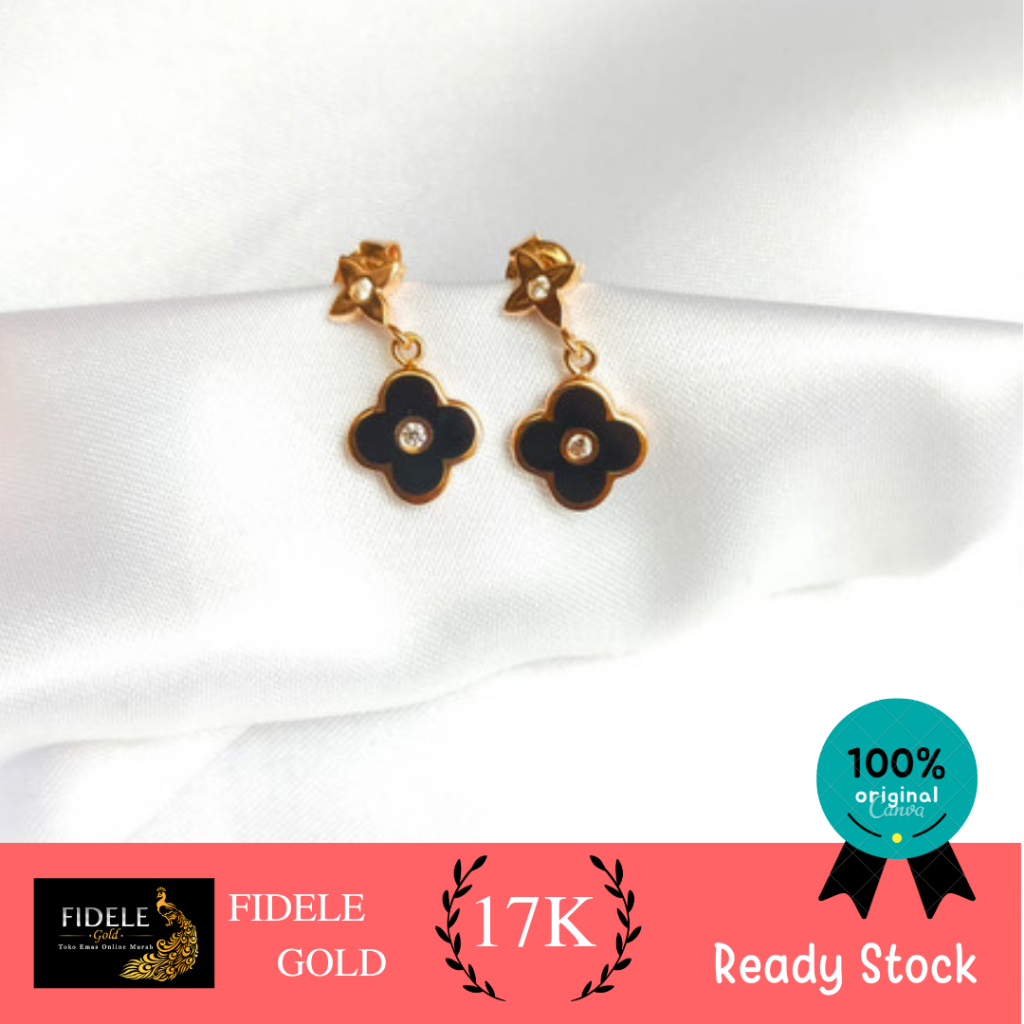 Anting tusuk vc bunga hitam emas 17k 750 rosegold