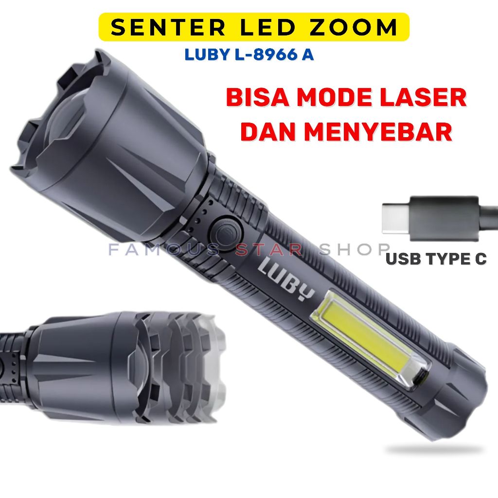 Senter LED Zoom LUBY L-8965A / L-8966A Senter Tangan Led Rechargeable COB Putih Senter Ori Luby 100%